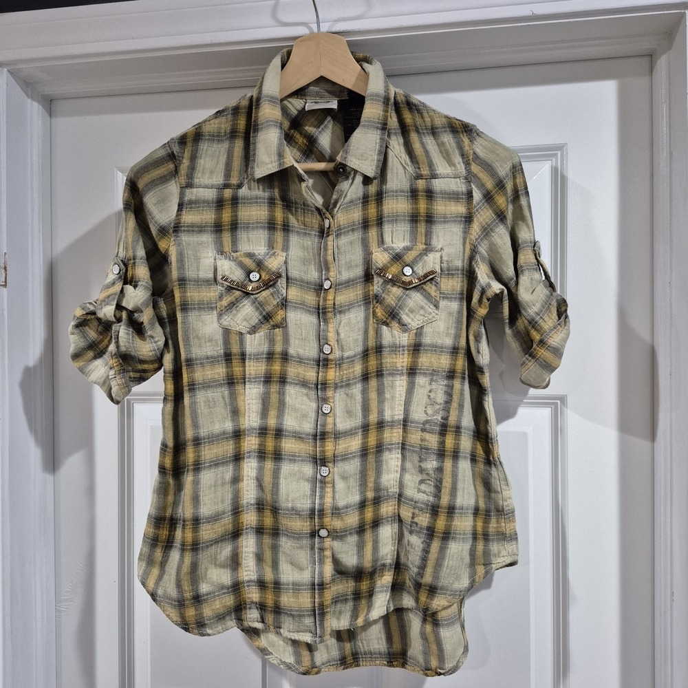 Vtg Y2K Harley Davidson Shirt Womens Medium Tan Plaid Pearl Snap Western Rodeo